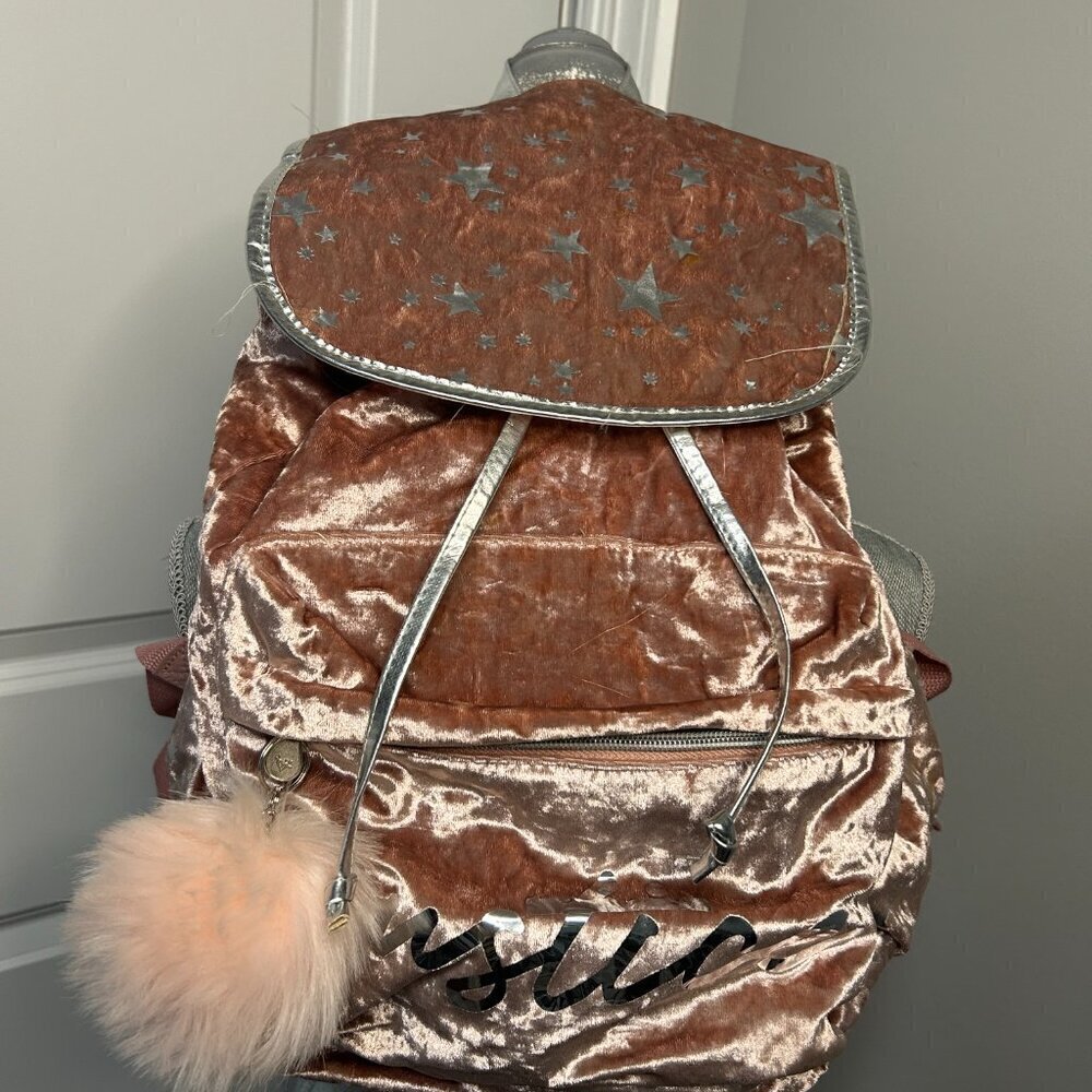 Justice Pink Faux Fur Backpack w Silver stars and Accents GUC - Picture 2 of 4